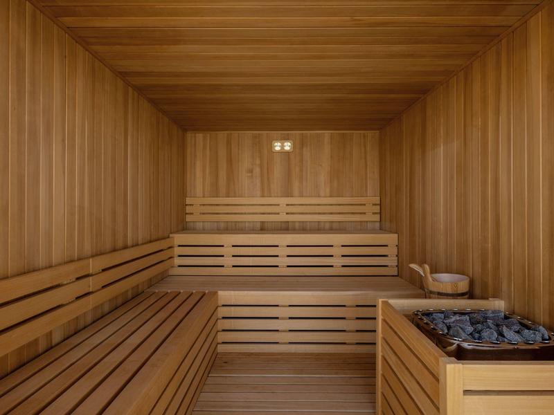 Binnenaanzicht van de sauna met houten banken en een kachel met hete stenen.