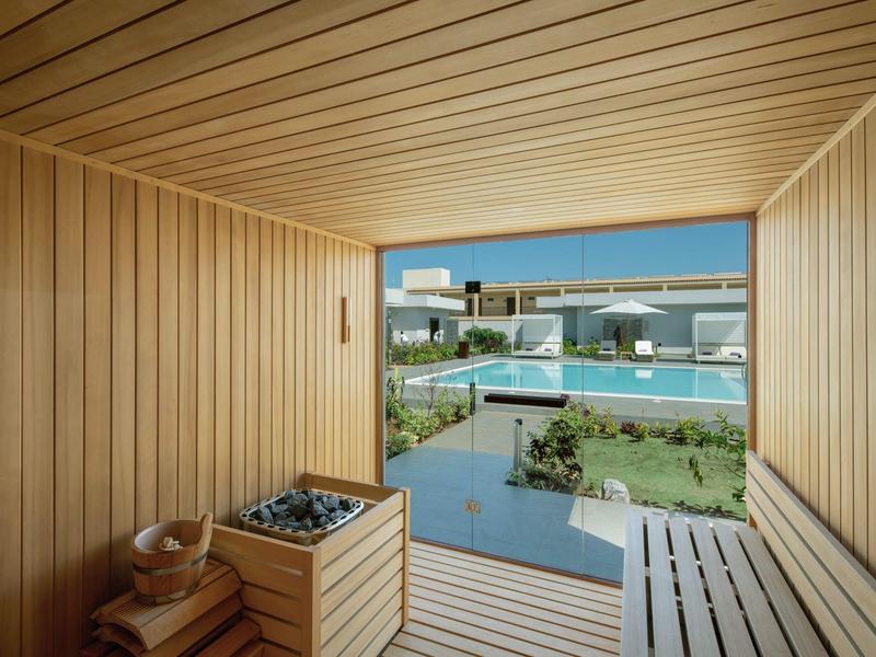 Moderne houten sauna met uitzicht op een zwembad en tuin door een groot raam.