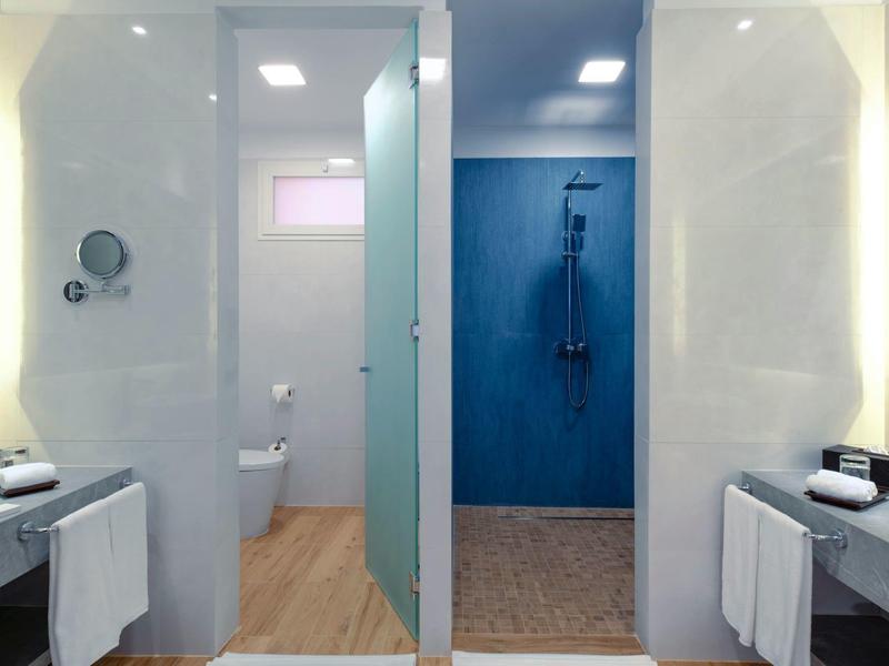 Moderne badkamer met aparte ruimtes en blauw-witte accenten.