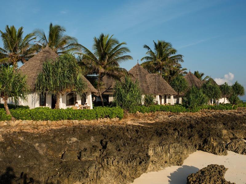 Alignement de bungalows au toit de chaume avec des palmiers sur une plage rocheuse sous un ciel bleu.