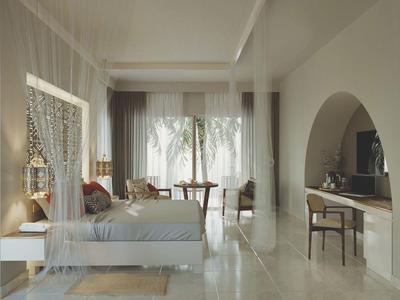 Jasny pokój hotelowy z dużym łóżkiem, miejscem do siedzenia i zasłonami na dużych oknach.