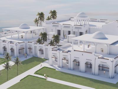 Großes weißes Gebäude mit Kuppeln, Bögen und Palmen auf gepflegtem Gelände unter bewölktem Himmel.