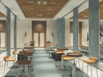 Modern, bright interior with tables and chairs for a hotel restaurant or café.