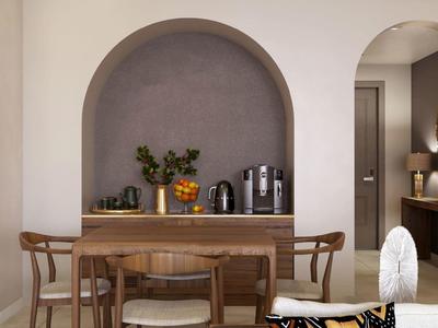 Nowoczesny pokój z drewnianymi meblami i akcesoriami do kawy w niszy ściennej.