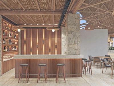 Area bar dell'hotel moderna con arredi in legno e accenti in pietra sotto un tetto con travi in legno.