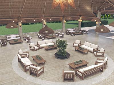 Ampia zona lounge aperta con divani circolari e sedie attorno a una pianta centrale.