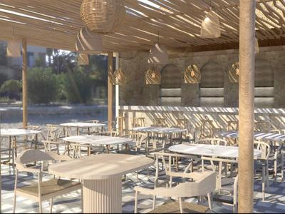 Area pranzo all'aperto con tavoli e sedie bianchi sotto un tetto di legno ombreggiato vicino all'acqua.