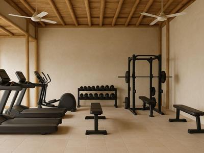 Palestra moderna con tapis roulant, manubri e attrezzi da allenamento in una stanza luminosa.