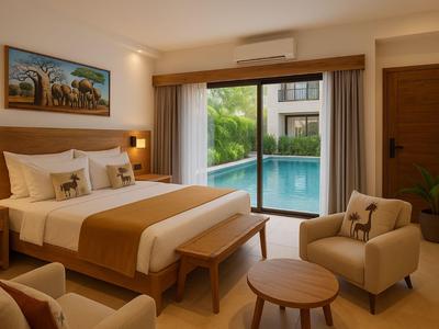 Habitación de hotel moderna con gran puerta corredera de vidrio con vista a la piscina.
