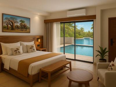 Habitación de hotel moderna con cama doble y vista a una piscina a través de grandes ventanas de cristal.