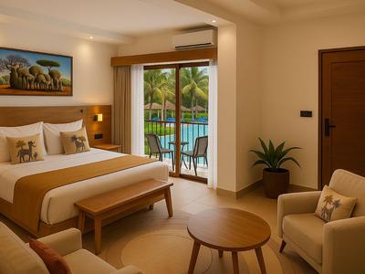 Habitación de hotel luminosa con cama doble, zona de estar y vista a la piscina a través de una puerta corredera de cristal.