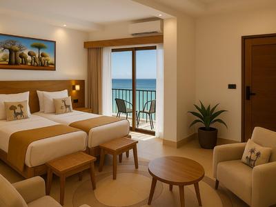 Habitación de hotel moderna con dos camas individuales y balcón con vistas al mar.