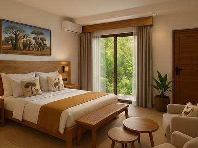 Helles Hotelzimmer mit Doppelbett, Balkonfenster, Holzmöbeln und grüner Pflanze.