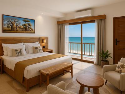 Hotelzimmer mit Doppelbett, Sitzbereich, und Balkon mit Meerblick.