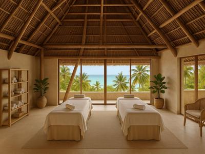 Innenraum eines Spa mit Blick auf tropischen Strand und Palmen durch große Fenster.