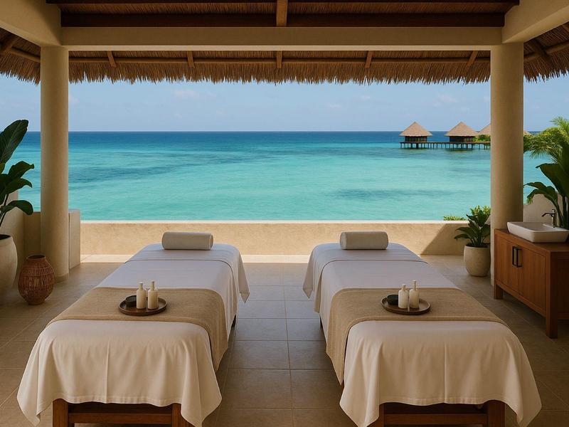 Offene Spa-Lounge mit zwei Behandlungsbetten und Blick auf das Meer und Bungalows im Wasser.