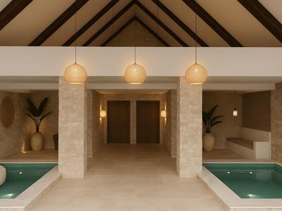 Hotel moderno con vasche d'acqua sui lati e pareti in pietra beige