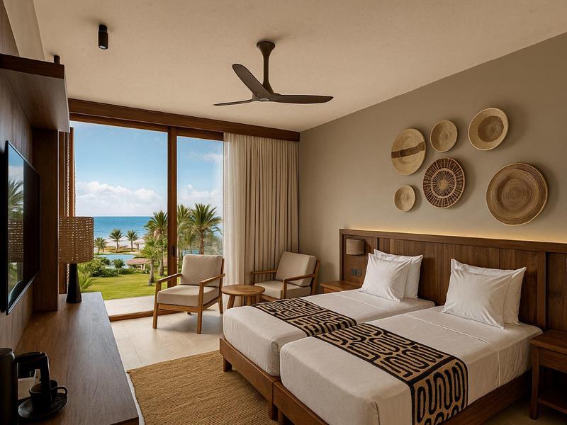 Elegante camera d'hotel con due letti, poltrone e vista sul mare attraverso grandi finestre