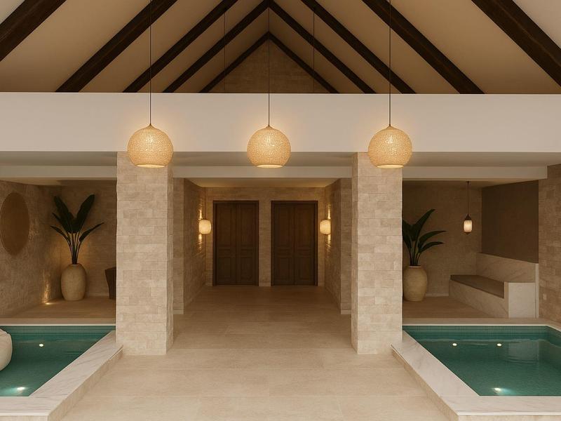 Hotel moderno con vasche d'acqua sui lati e pareti in pietra beige