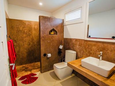 Moderner Badezimmer mit braunen Wandfliesen, weißem WC, Waschbecken auf Holztisch und rotem Handtuchhalter.