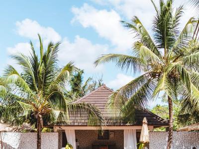 Clear water pool in front of a hut and palm trees under a blue sky.