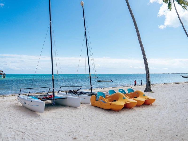 Strand mit weißen Sand, zwei Segelboote, fünf gelbe Tretboote und zwei Palmen am blauen Meer.