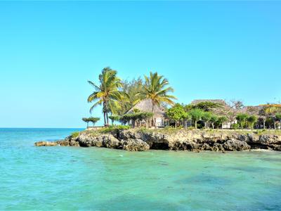 Klein eiland met palmbomen en huizen in helderblauwe zee onder blauwe lucht.