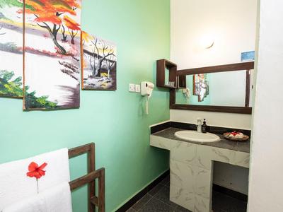 Kleines Badezimmer mit grün gestrichener Wand, Spiegel, Waschbecken und Handtuchhalter.