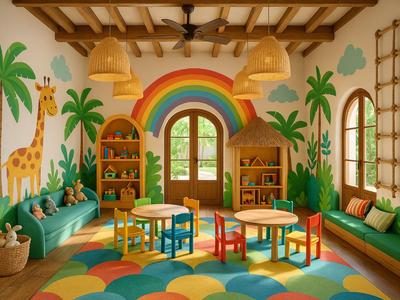 Bunt dekorierter Kinderraum mit Sitzbänken, Tischen, Stühlen und Wandmalereien von Tieren und Regenbogen.
