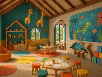 Bunter Kinderspielraum mit Tiermotiven, Sitzsäcken, Tischen und viel natürlichem Licht.