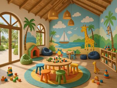 Salle de jeux colorée pour enfants avec jouets en bois, coussins et fresque murale sur le thème de la plage avec des animaux.