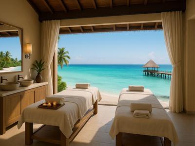 Zwei Massageliegen in offenem Spa-Raum mit Blick auf Meer und Steg