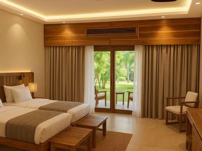 Camera d'hotel moderna con due letti, mobili in legno e vista su una terrazza con giardino