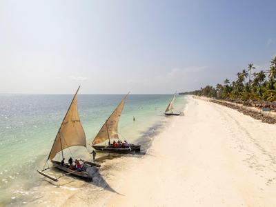 Traditionelle Segelboote am weißen Sandstrand mit Palmen und klarem Himmel.