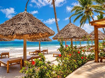Hôtel de plage avec parasols en chaume, chaises longues et palmiers sous un ciel bleu.