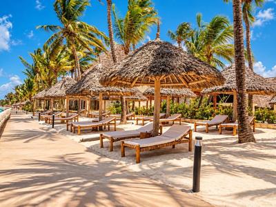 Plage avec transats et parasols en paille près de palmiers sous un ciel bleu.