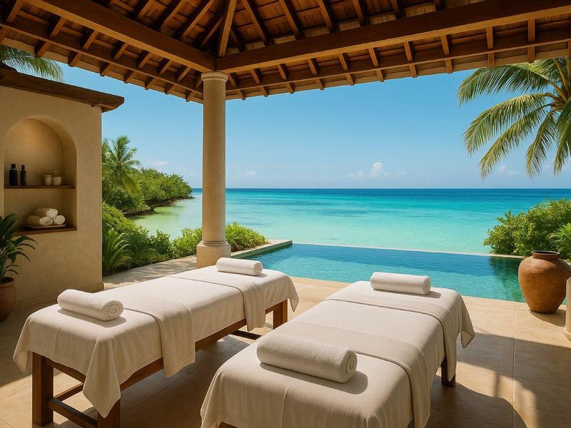 Offener Wellnessbereich mit Massageliegen, Blick auf türkisfarbenes Meer und Palmen.