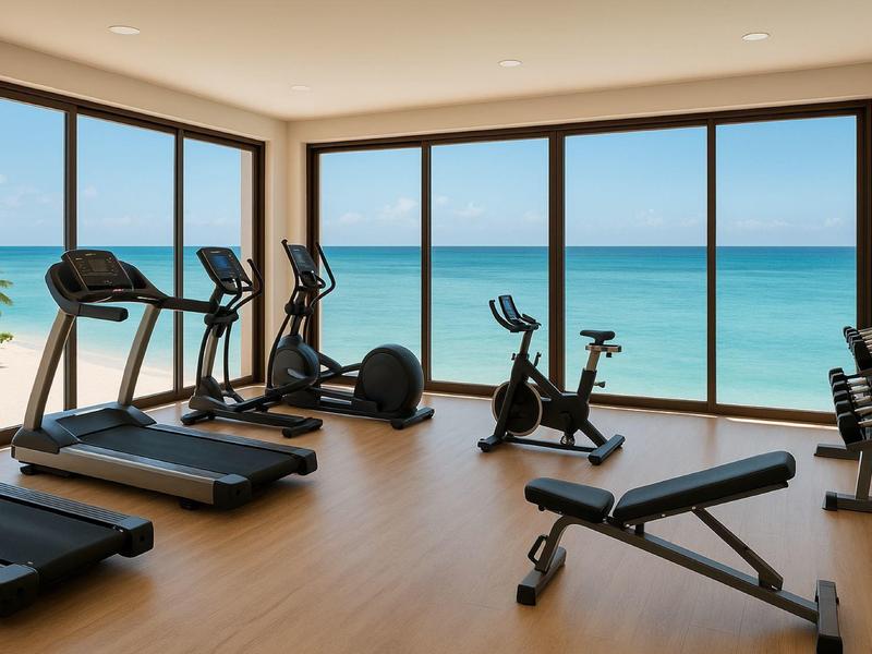 Moderne Fitnessraum mit großen Fenstern und Meerblick, ausgestattet mit Laufbändern, Fahrrädern und Hanteln.