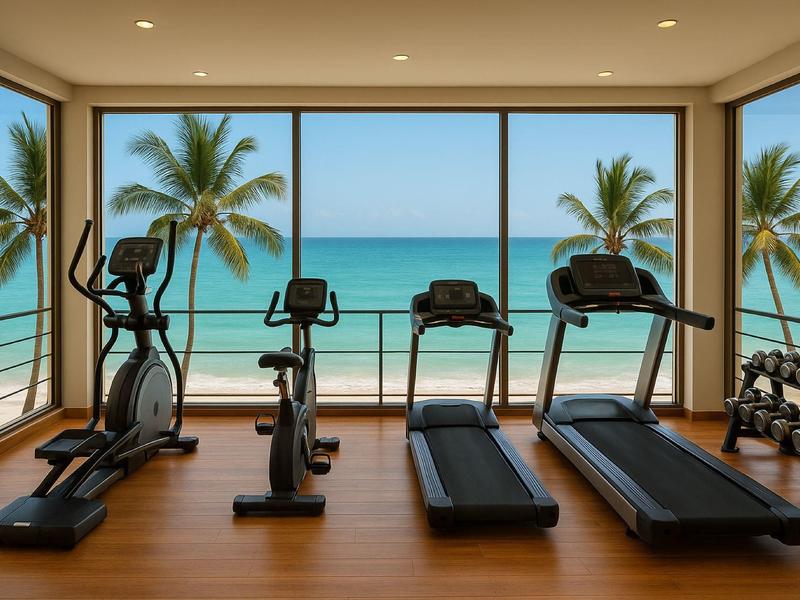 Fitnessraum mit Trainingsgeräten vor großen Fenstern und Blick auf Strand und Palmen.