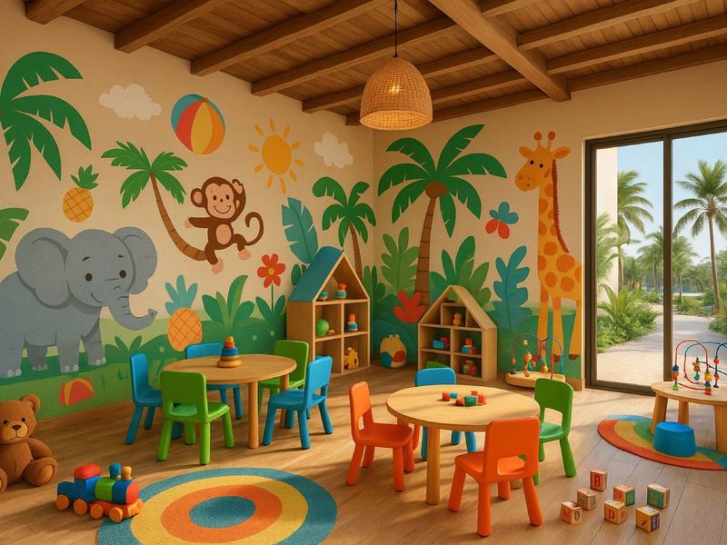 Buntes Kinderzimmer mit Dschungel-Wandmalerei, kleinen Tischen, Spielzeug und Blick auf Palmen.