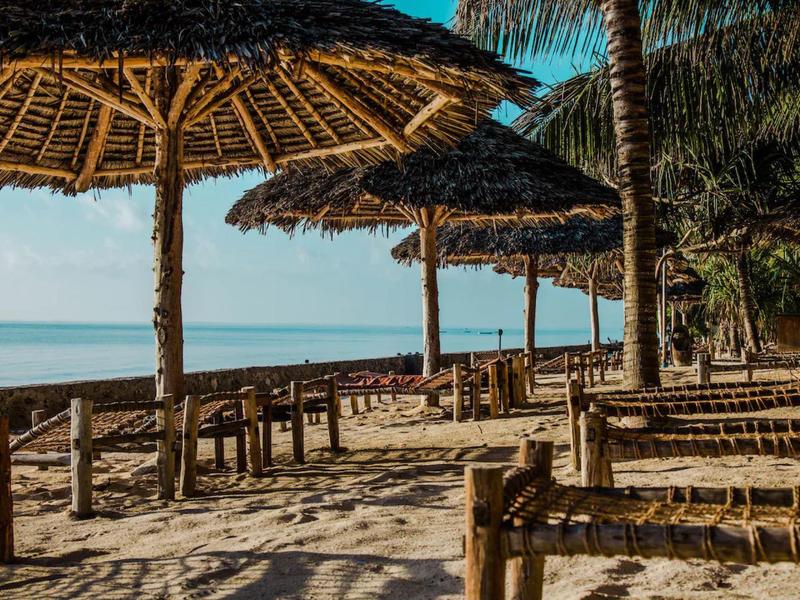 Strand mit Palmen, großen Strohhüten und Holzbänken, blauer Himmel und ruhiges Meer im Hintergrund.