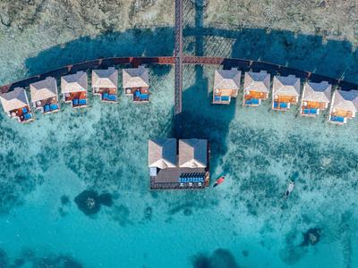 Aerial view of water villas arranged in a semicircle over clear turquoise ocean water.