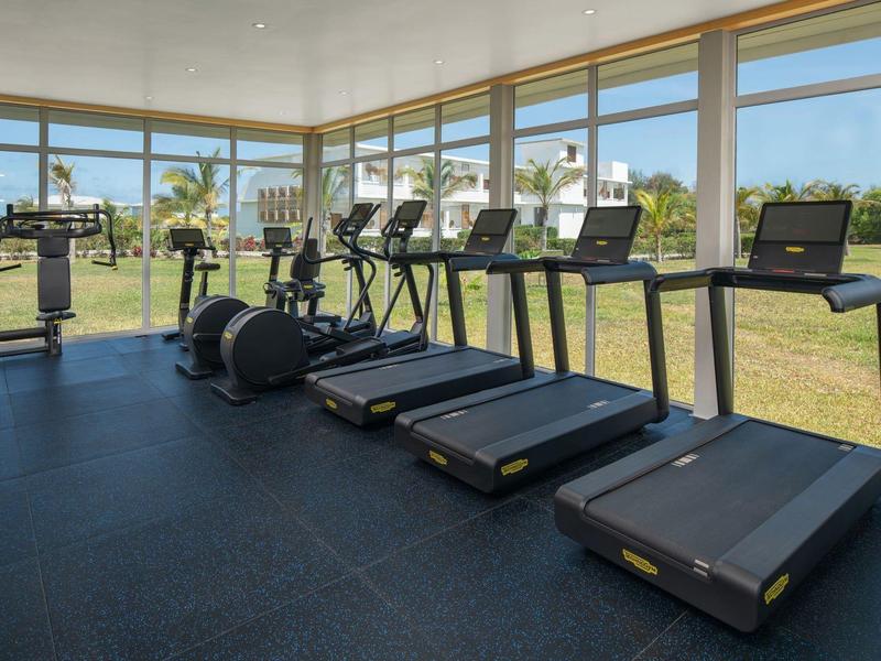 Gym with multiple treadmills and cross trainers in front of large windows overlooking greenery.