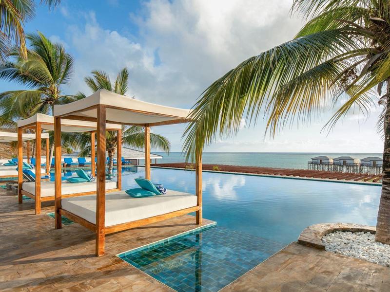 Luxury pool beds overlooking the sea with palm trees under a blue sky.