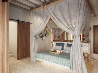 Gemütliches Schlafzimmer mit Himmelbett, Holzdecke und natürlicher Farbpalette.