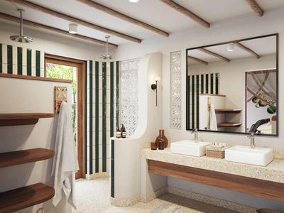 Moderner, heller Badezimmerbereich mit zwei Waschbecken, großen Spiegeln und Holzdetails.