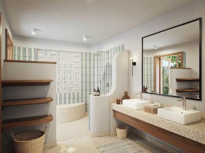 Moderner, heller Badezimmer mit zwei Waschbecken, großem Spiegel, Holzregalen und Runddusche.