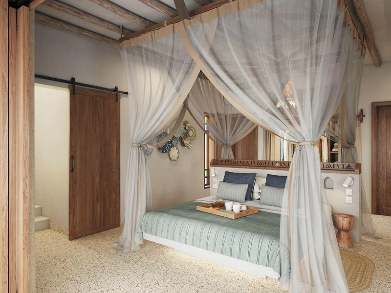 Helles Schlafzimmer mit Holzdecke, schwebendem Bett und transparentem Vorhang, Teppichboden.