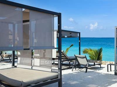 Transats modernes avec protections solaires devant une mer bleue et un ciel dégagé.