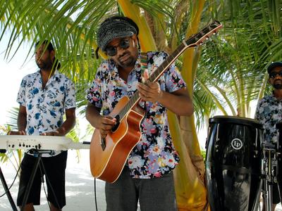 Tre musicisti suonano su un palco tropicale sotto palme, uno suona la chitarra.